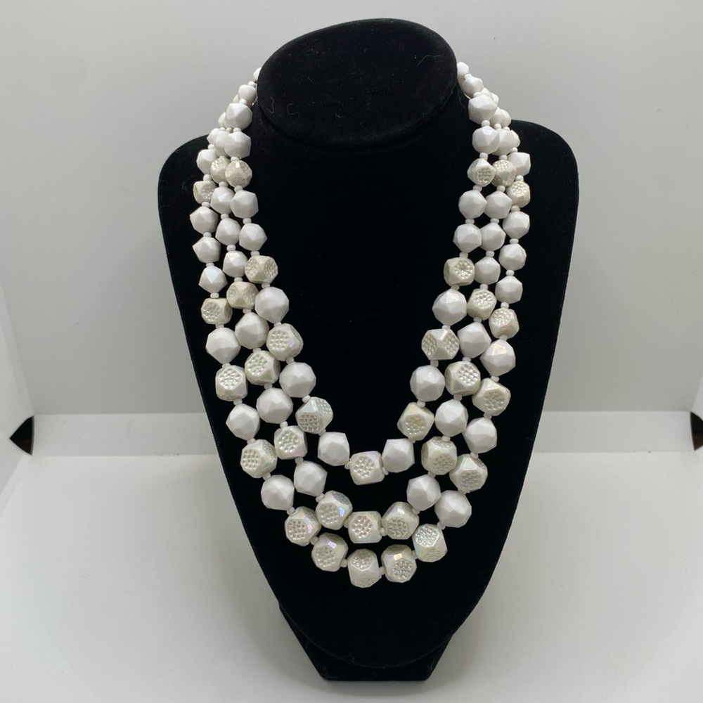 Vintage Triple-Strand White Iridescent Beaded Bib Necklace West Germany 18"